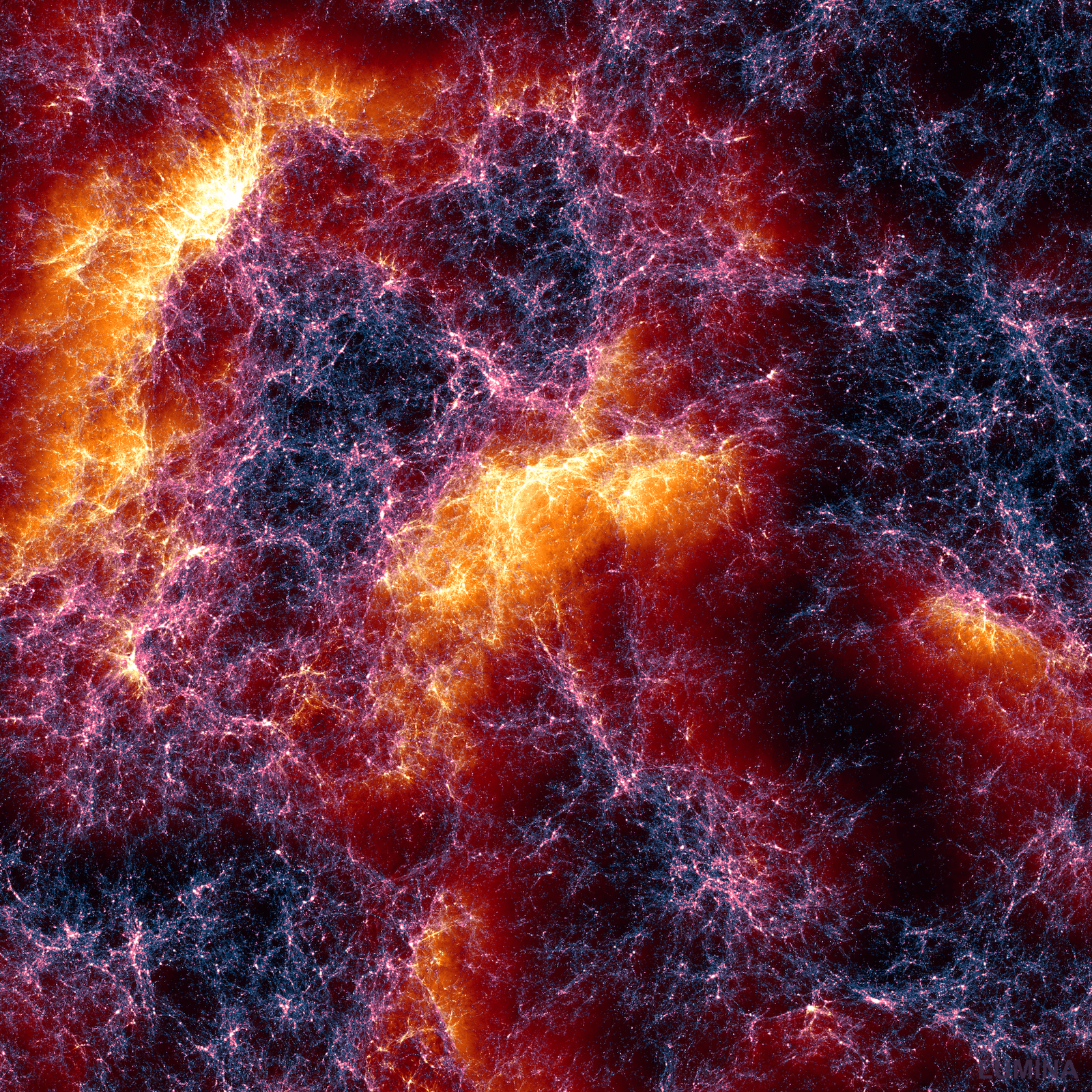 A rendering of the cosmic web about 650 million light-years across, produced by the Lumina simulation. The fine filaments represent dark matter, and the warm orange and yellow tones highlight where gas is moving the fastest between galaxy clusters. Image: Oliver Zier, Center for Astrophysics | Harvard & Smithsonian.
