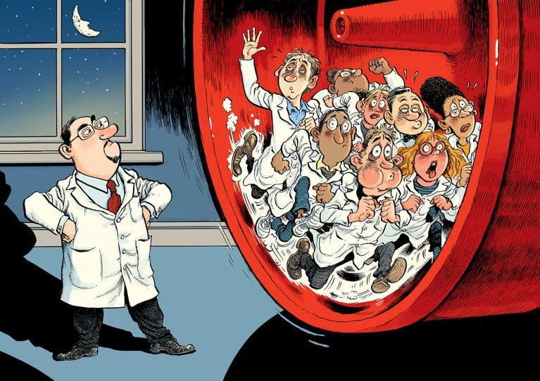 Cartoon showing a giant hamster wheel filled with running, breathless scientists while the principle investigator looks on.