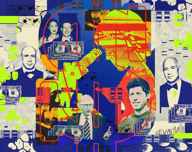 Collage of tech-industry figures, money, microchips and laboratory imagery, representing technology fortunes being invested in biomedical research.