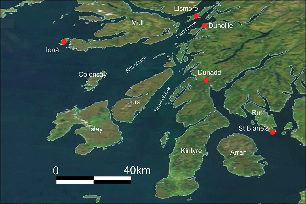 map of northwest scotland showing red dots with significant early medieval monasteries.