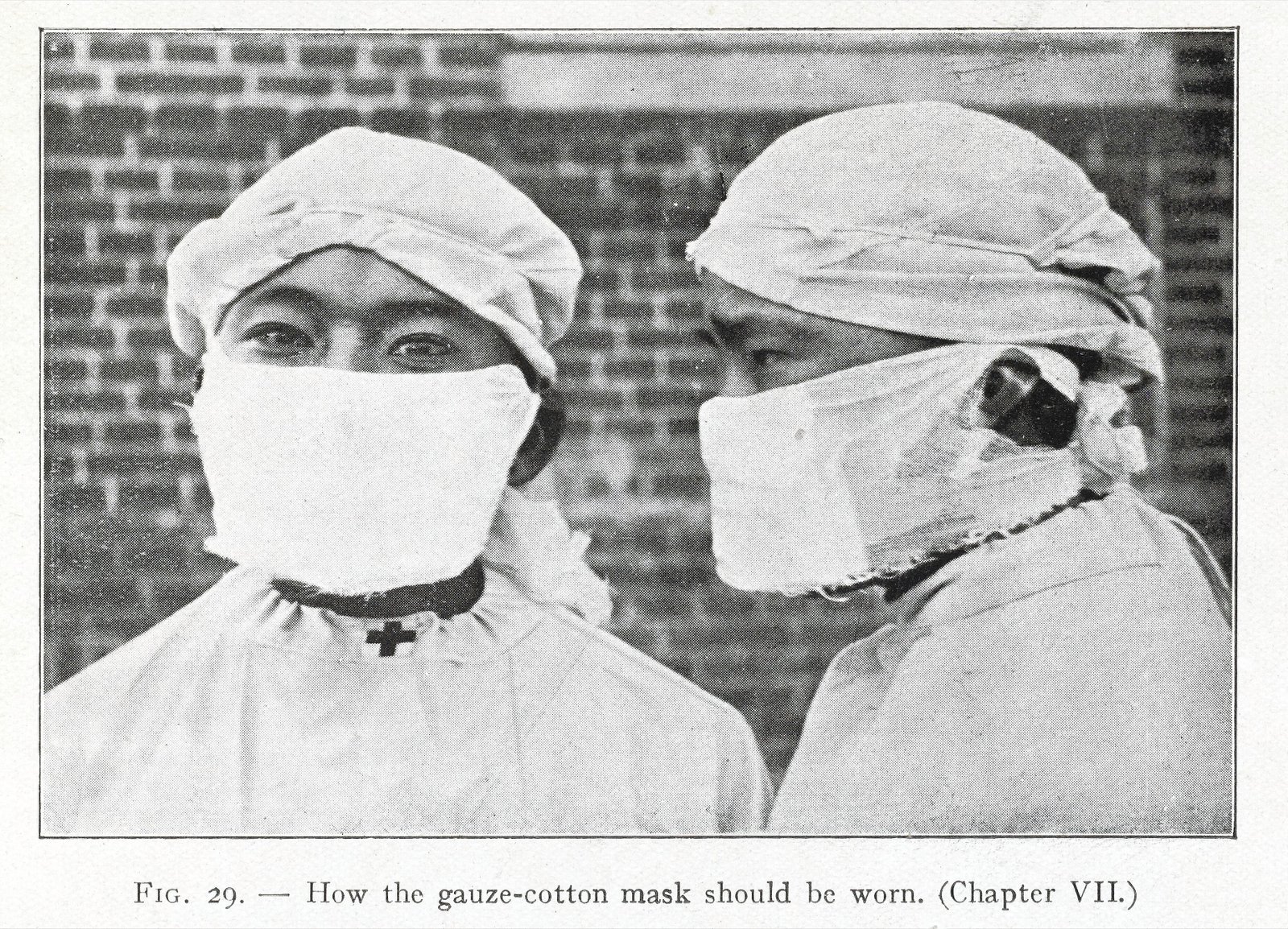 Asian man wearing gauze face mask in early black and white photograph