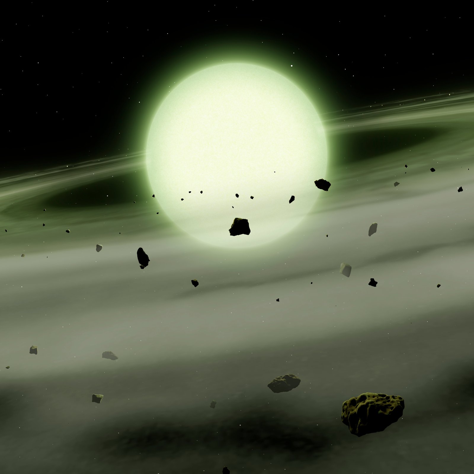 Enriched from above: The cool white dwarf WDJ1330+6435 has accreted sodium-rich rocky material from its planetary system into its atmosphere. The immense atmospheric density causes the sodium to absorb light over broad range of yellow, orange, and red wavelengths, giving the WDJ1330+6435 a ghostly green appearance. Image: Mark A Garlick/University of Warwick.