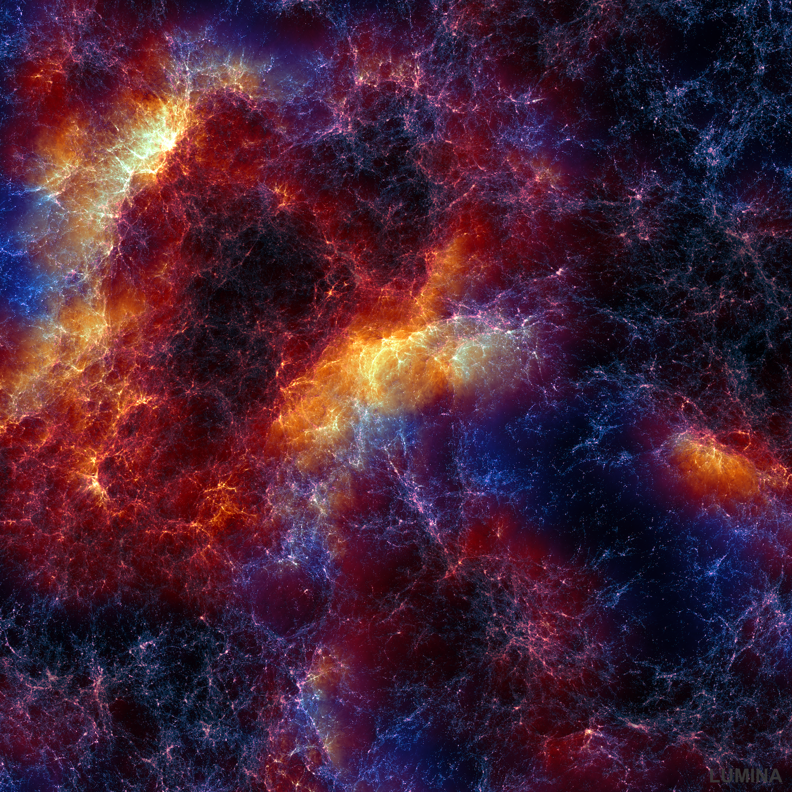 A view of helium during the early universe, developing into the form we know today, represented by the Lumina simulation. This view encompasses a stretch of the cosmic web 650 million light-years across, as represented by the Lumina simulation. The helium is blue where it's only singly ionized (its primitive form) and where it's doubly ionized (its modern form). Image: Oliver Zier, Center for Astrophysics | Harvard & Smithsonian.