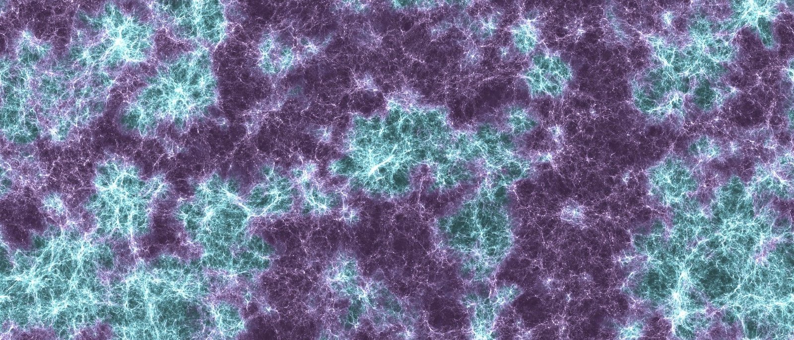 The cosmic web structure as simulated by Lumina, showing where helium has changed to its modern form in the early universe (cyan regions). Image: Oliver Zier, Center for Astrophysics | Harvard & Smithsonian.