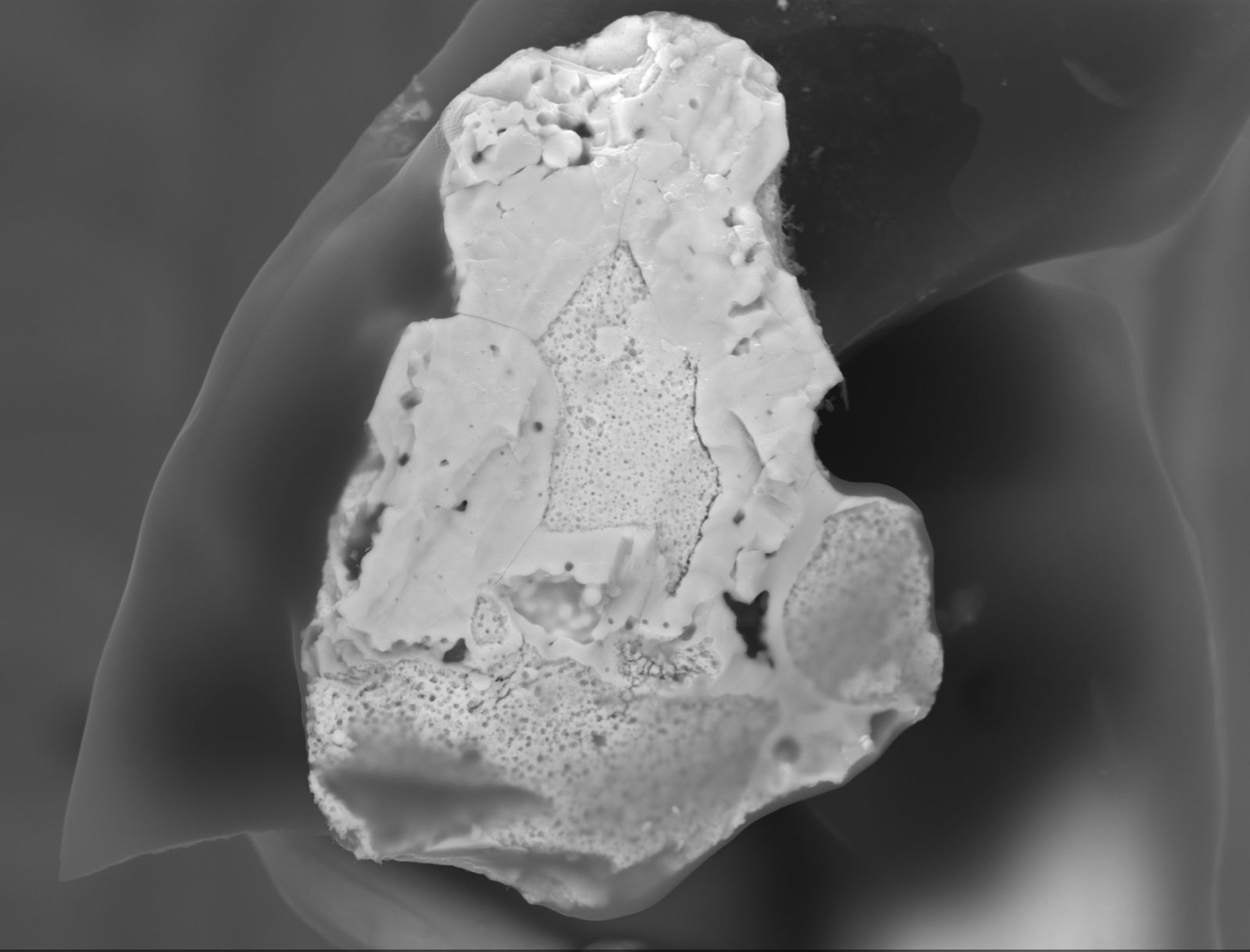 Hot particle from the 1986 reactor accident: The nuclear fuel particle is partially fused with zirconium oxide. Image: Laura Stalmann.