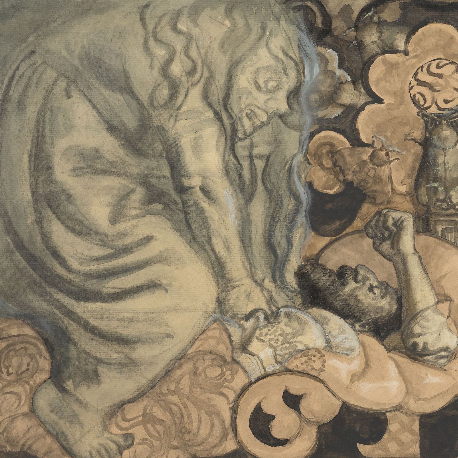 Painting of an old woman sitting on a man's chest. The style features heavy brushstrokes.