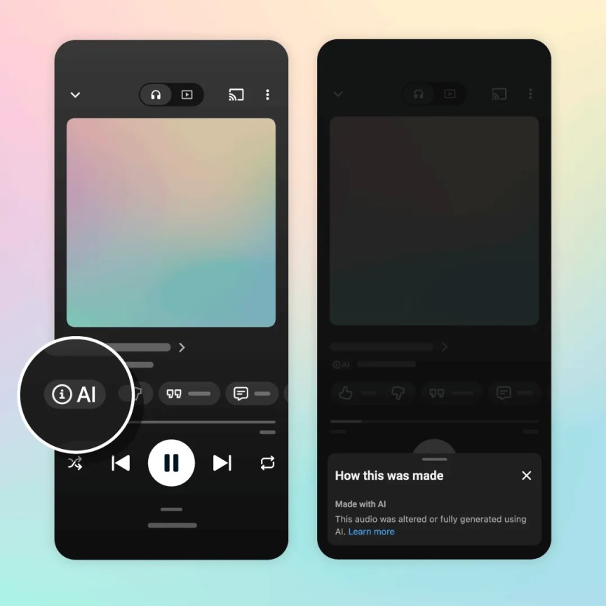 Illustration of YouTube Music app with an AI button highlighted.